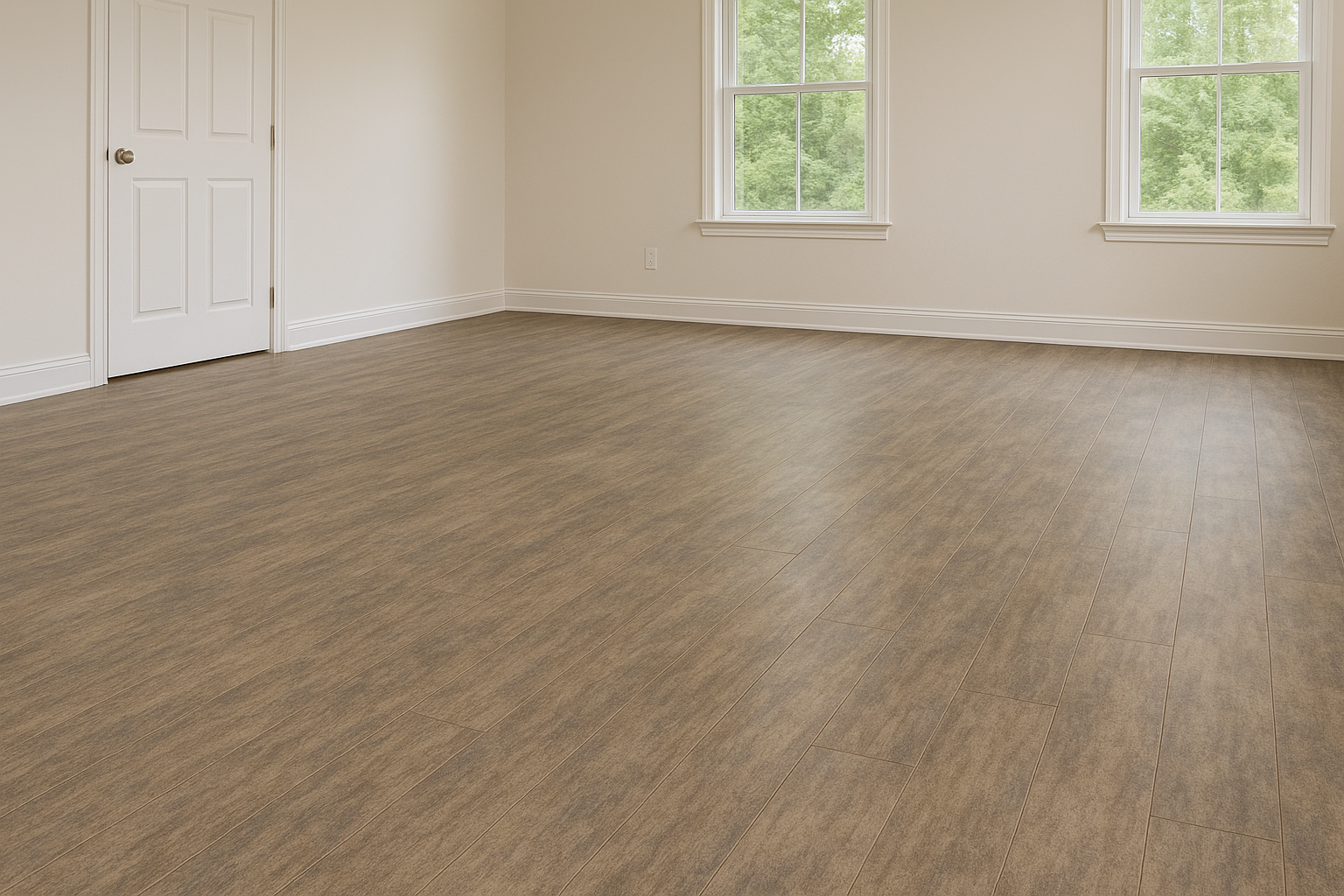 Sunlit room featuring Wilsonart laminate flooring in warm brown tones. The room has light beige walls, white baseboards, and two large windows letting in natural light, creating soft reflections on the textured wood-look laminate planks.