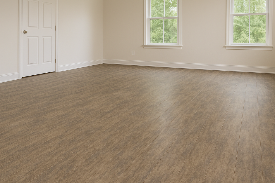 Sunlit room featuring Wilsonart laminate flooring in warm brown tones. The room has light beige walls, white baseboards, and two large windows letting in natural light, creating soft reflections on the textured wood-look laminate planks.