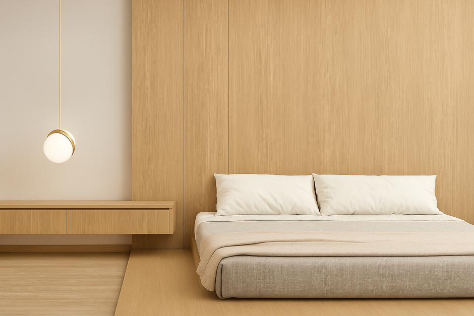 A modern, minimalist bedroom with decorative wall panel, light wood paneling and flooring. The bed has a low, upholstered gray frame with white pillows and a beige blanket.