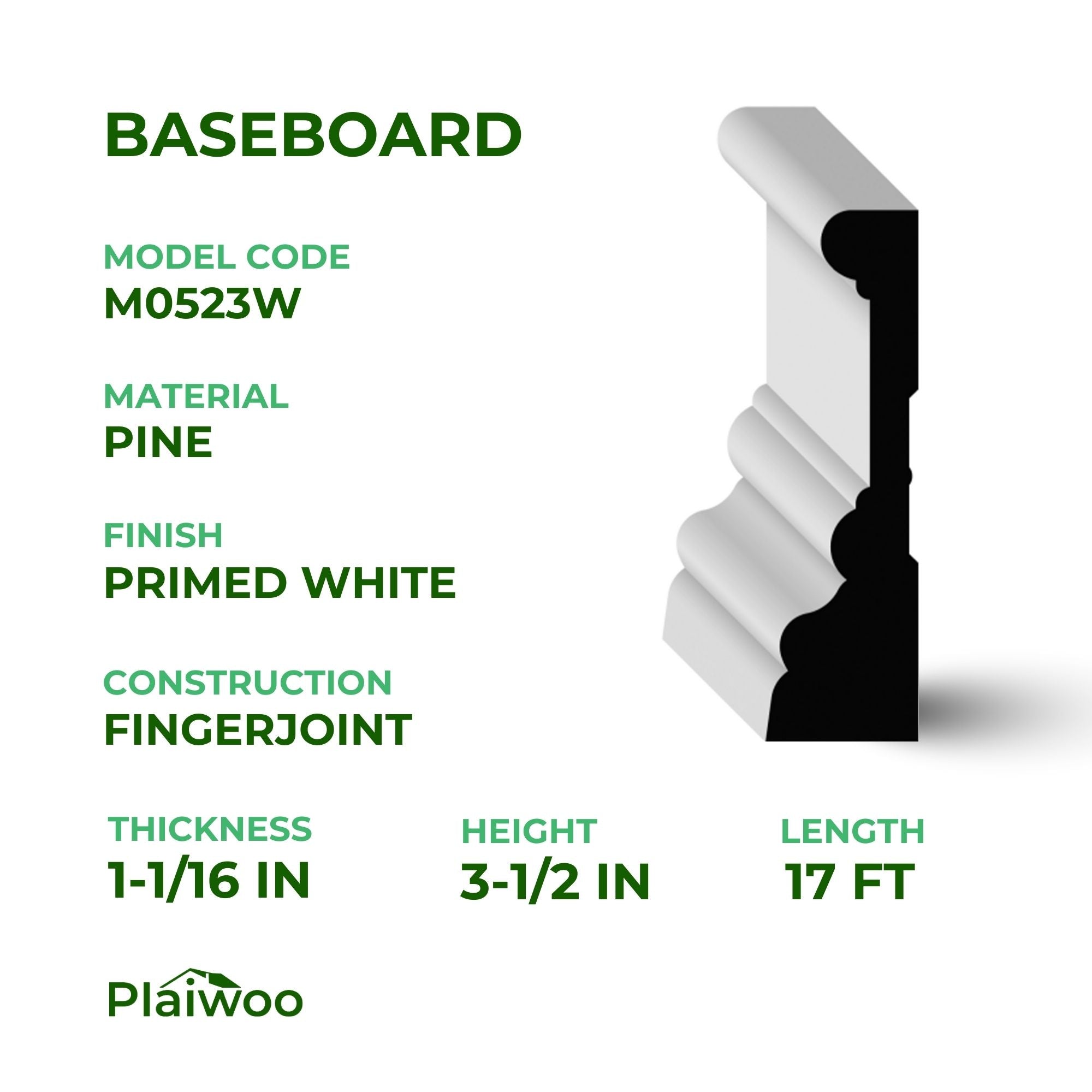 1-1/16 in x 3-1/2 in x 17 ft M0523W Primed White Pine Wood Casing - Moulding - high-quality decorative trim for doors, windows, and interior finishing.