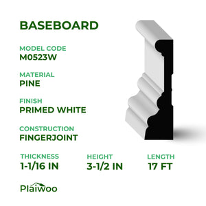 1-1/16 in x 3-1/2 in x 17 ft M0523W Primed White Pine Wood Casing - Moulding - high-quality decorative trim for doors, windows, and interior finishing.