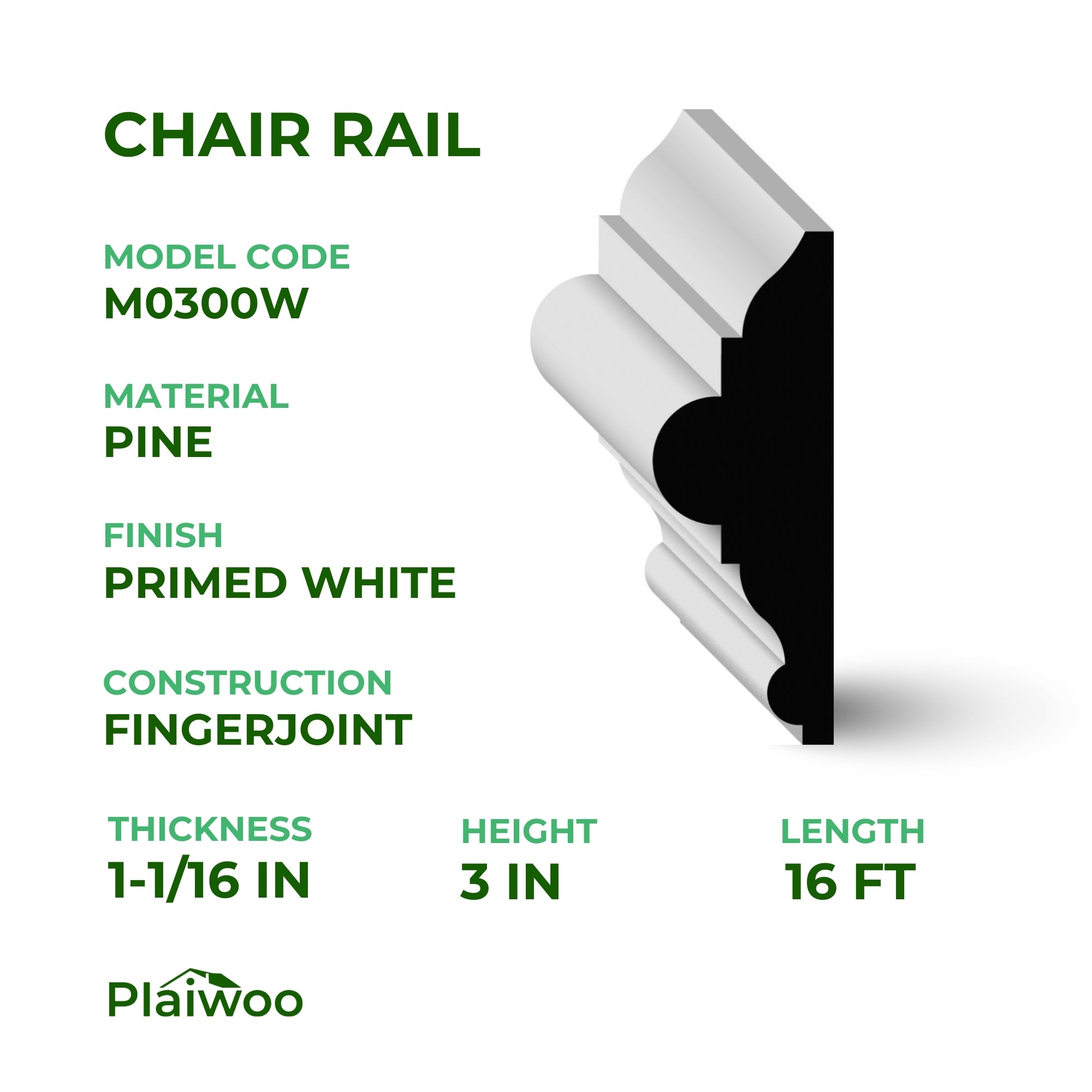 1-1/16 in x 3 in x 16 ft M0300W Primed White Pine Wood Chair Rail - Moulding - high-quality decorative trim for doors, windows, and interior finishing.