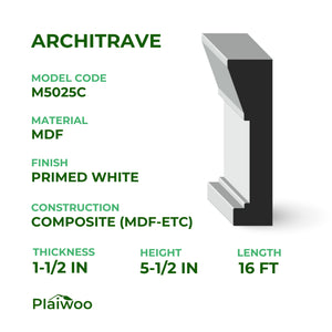 1-1/2 in x 5-1/2 in x 16 ft M5025C Primed White MDF Architrave - Moulding - high-quality decorative trim for doors, windows, and interior finishing.