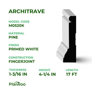 1-3/16 in x 4-1/4 in x 17 ft M0520K Primed White Pine Wood Casing - Moulding - high-quality decorative trim for doors, windows, and interior finishing.