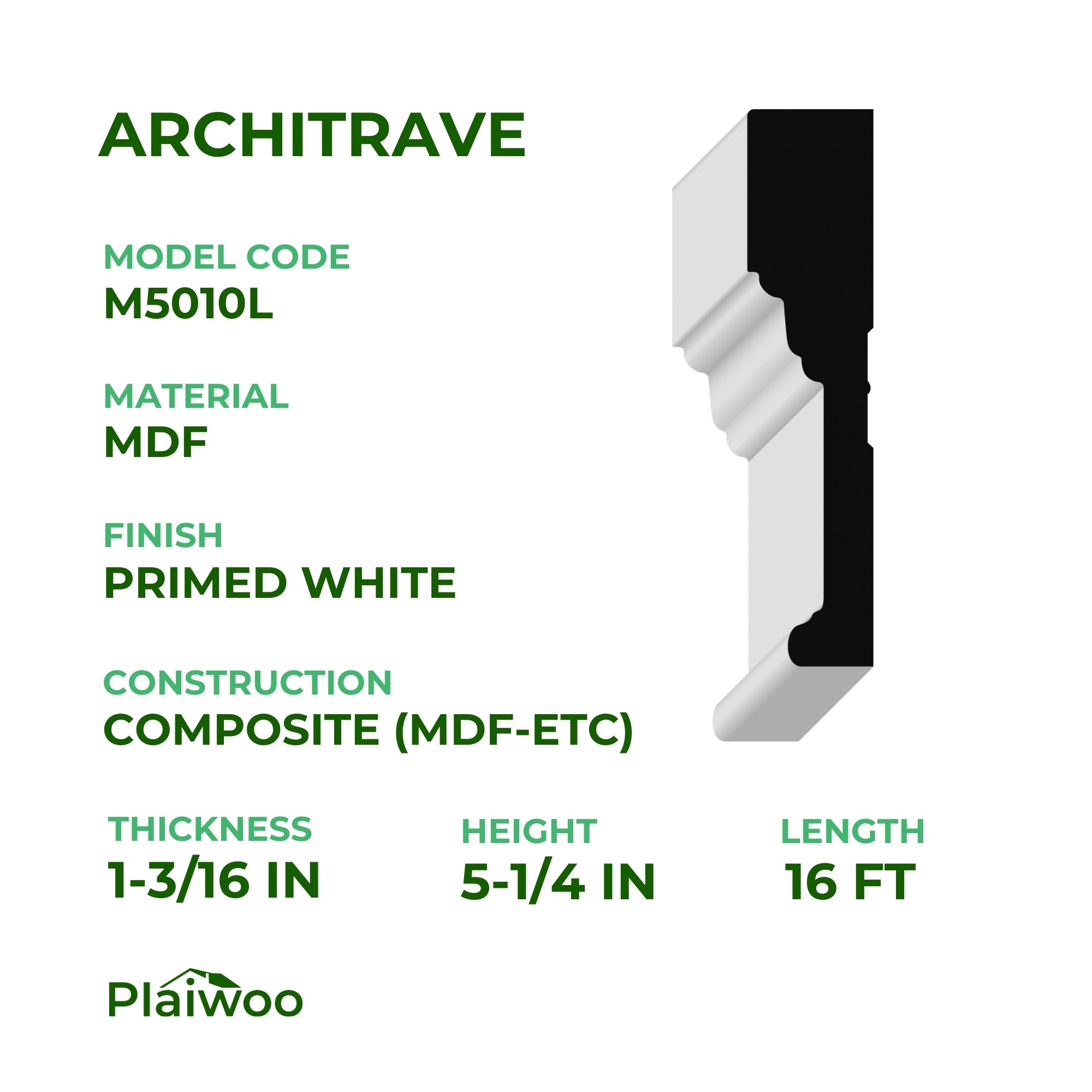 1-3/16 in x 5-1/4 in x 16 ft M5010L Primed White MDF Architrave - Moulding - high-quality decorative trim for doors, windows, and interior finishing.