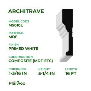 1-3/16 in x 5-1/4 in x 16 ft M5010L Primed White MDF Architrave - Moulding - high-quality decorative trim for doors, windows, and interior finishing.