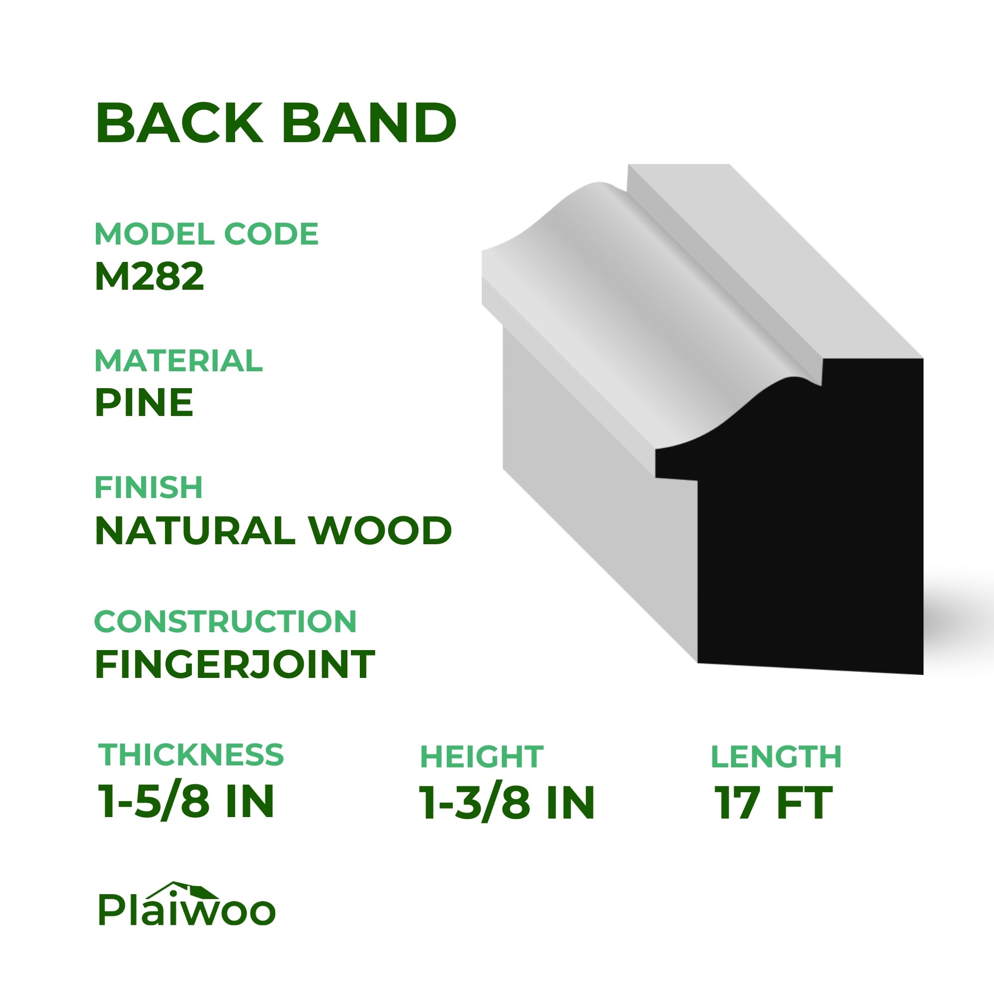 1-5/8 in x 1-3/8 in x 17 ft M282 Natural Wood Pine Back Band - Moulding - high-quality decorative trim for doors, windows, and interior finishing.