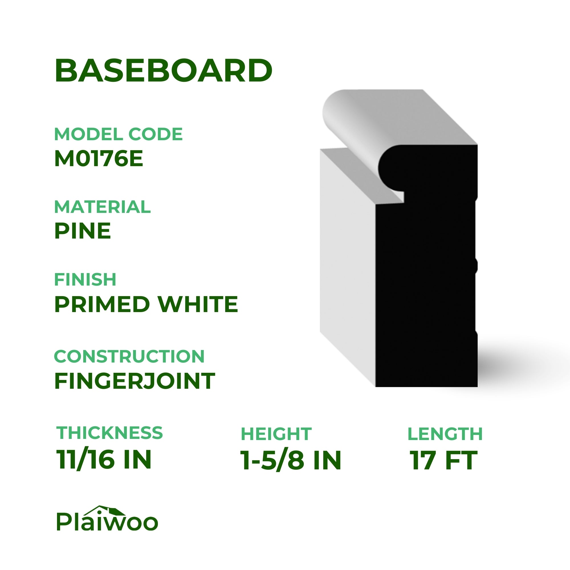11/16 in x 1-5/8 in x 85 in M0176E Primed White Pine Wood Brick Mould - Moulding - high-quality decorative trim for doors, windows, and interior finishing.
