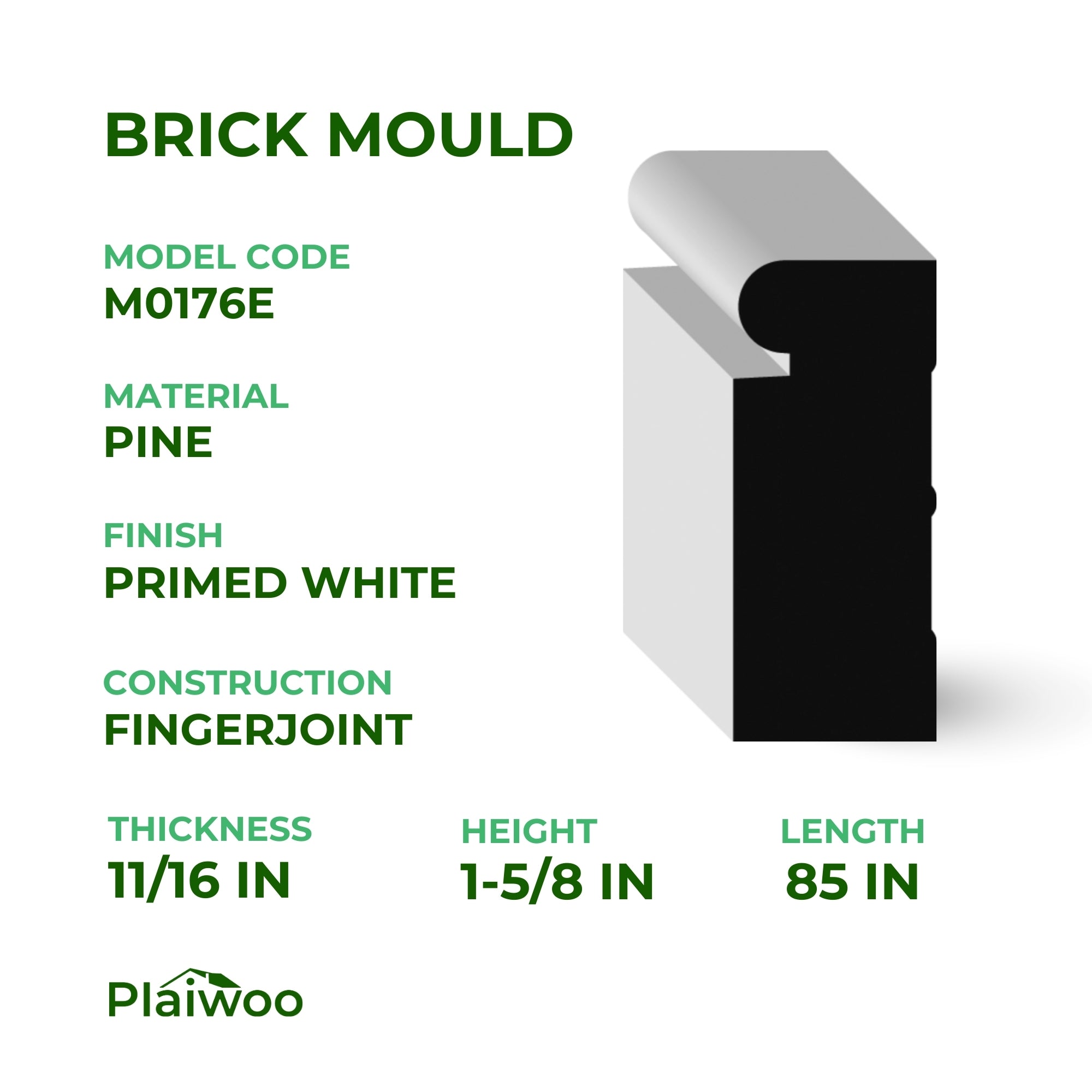 11/16 in x 1-5/8 in x 17 ft M0176E Primed White Pine Wood Brick Mould - Moulding - high-quality decorative trim for doors, windows, and interior finishing.