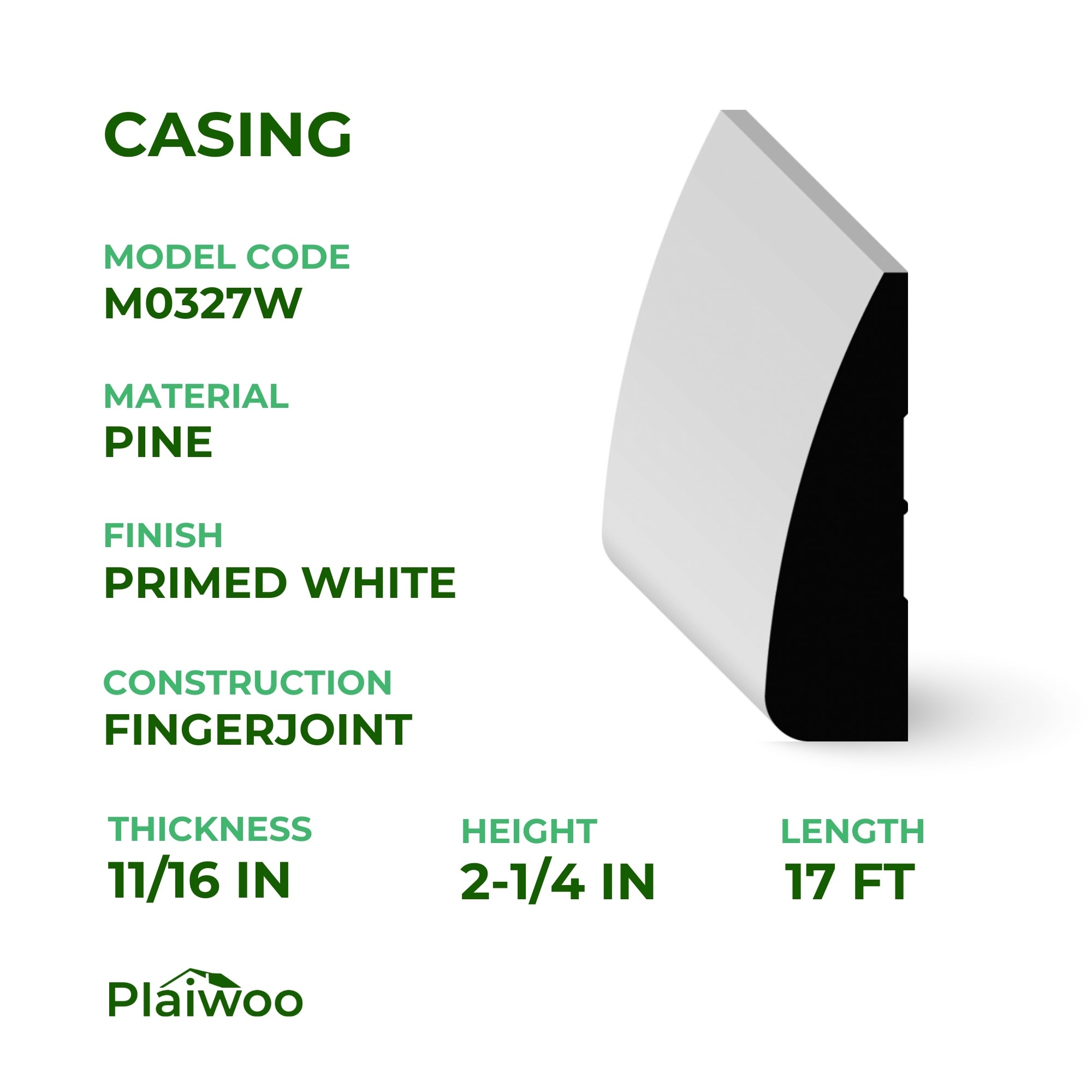 11/16 in x 2-1/4 in x 17 ft M0327W Primed White Pine Wood Casing - Moulding - high-quality decorative trim for doors, windows, and interior finishing.