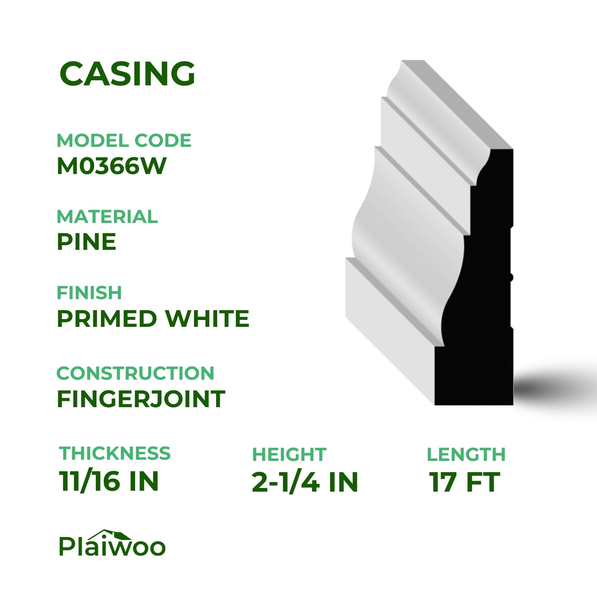 11/16 in x 2-1/4 in x 17 ft M0366W Primed White Pine Wood Casing - Moulding - high-quality decorative trim for doors, windows, and interior finishing.