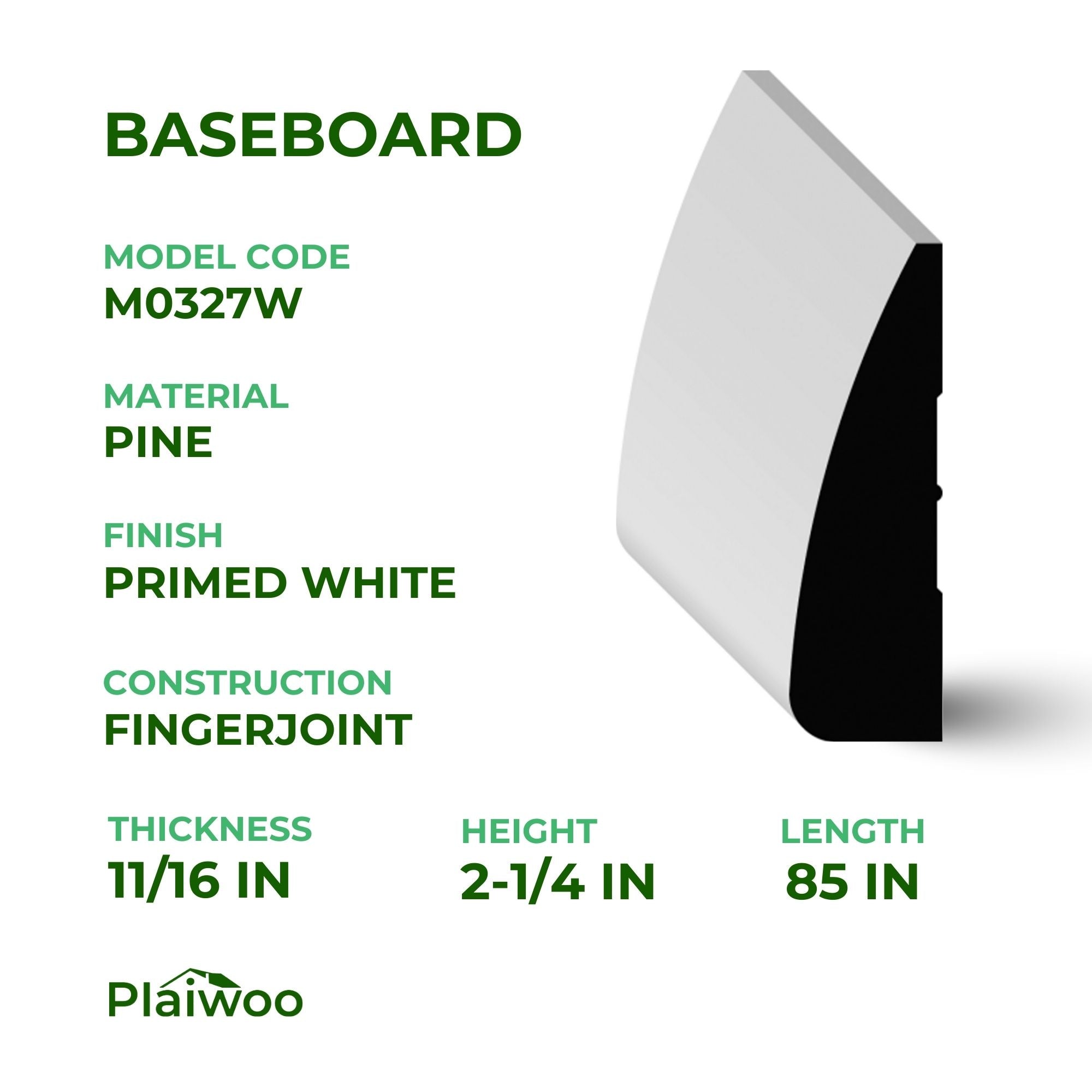 11/16 in x 2-1/4 in x 85 in M0327W Primed White Pine Wood Casing - Moulding - high-quality decorative trim for doors, windows, and interior finishing.