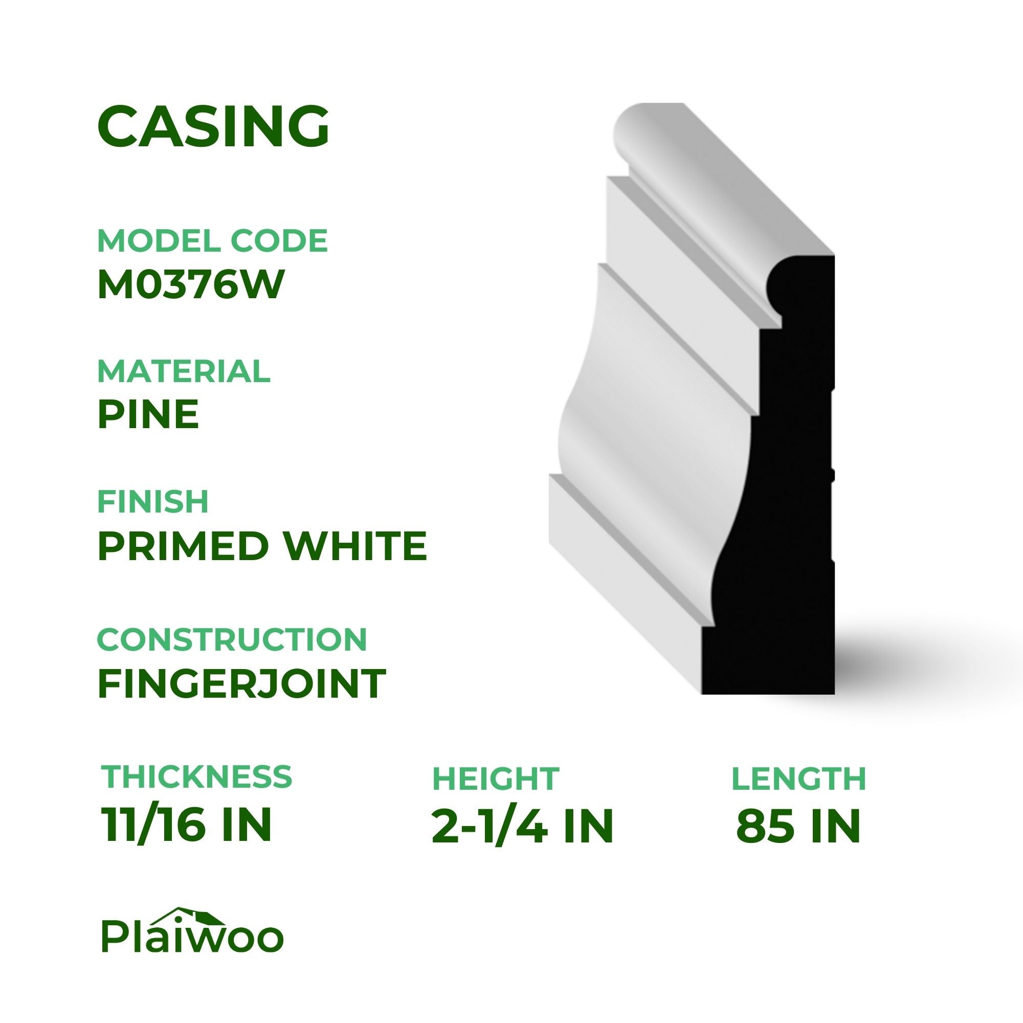 11/16 in x 2-1/4 in x 85 in M0376W Primed White Pine Wood Casing - Moulding - high-quality decorative trim for doors, windows, and interior finishing.