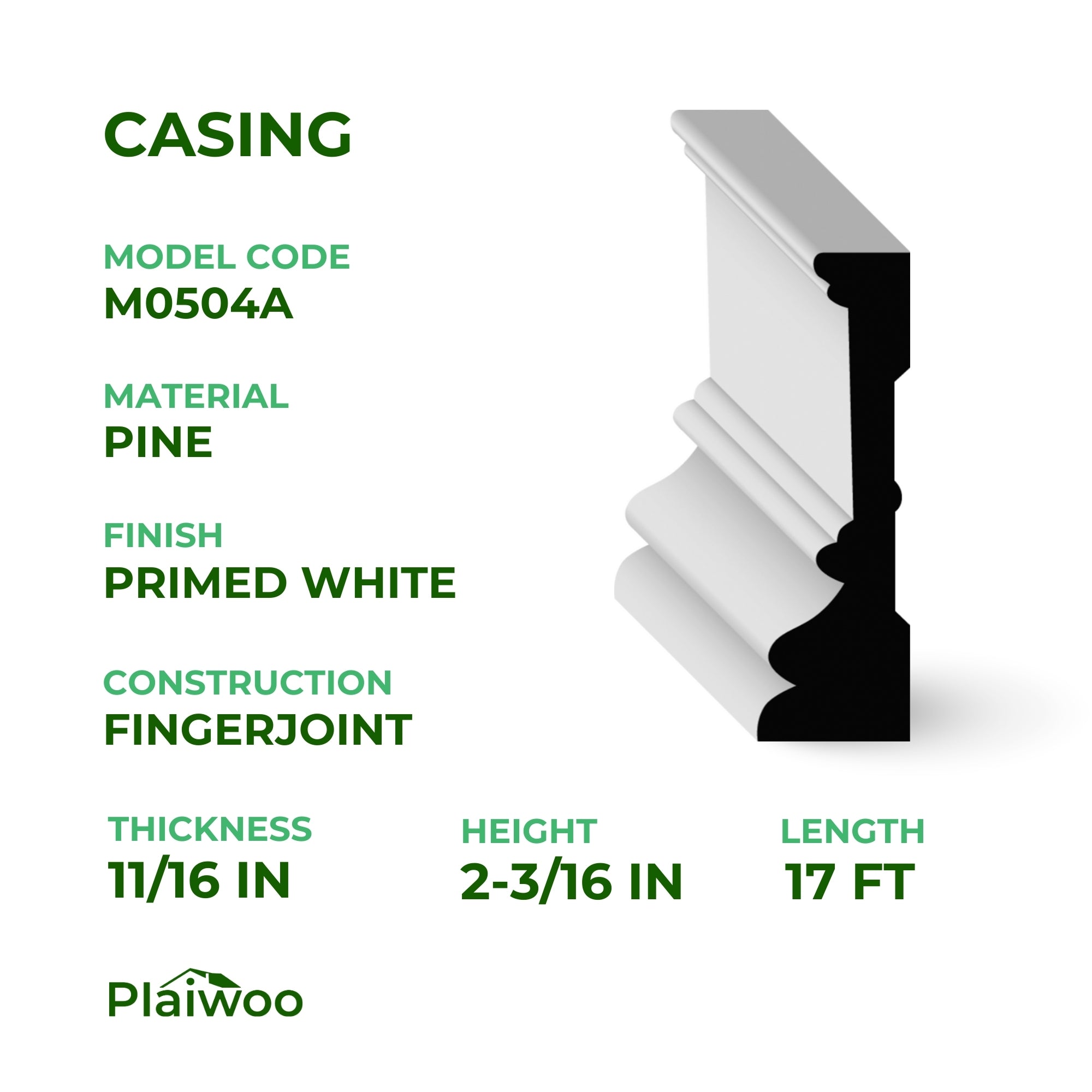 11/16 in x 2-3/16 in x 17 ft M0504A Primed White Pine Wood Casing - Moulding - high-quality decorative trim for doors, windows, and interior finishing.