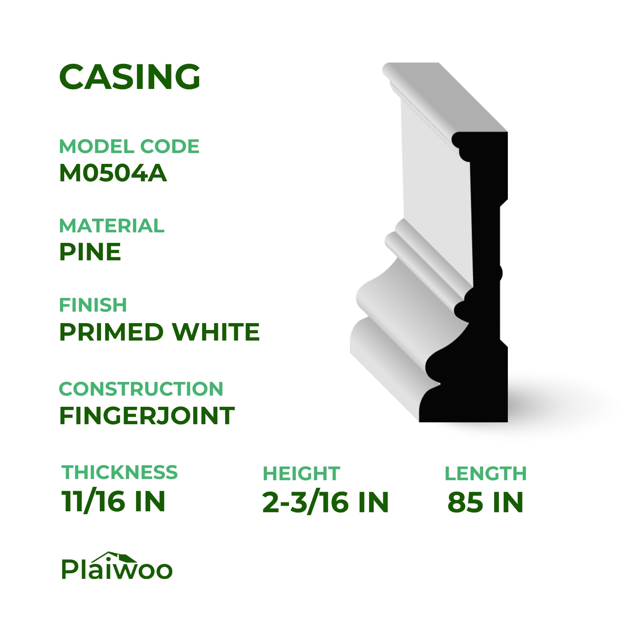11/16 in x 2-3/16 in x 85 in M0504A Primed White Pine Wood Casing - Moulding - high-quality decorative trim for doors, windows, and interior finishing.