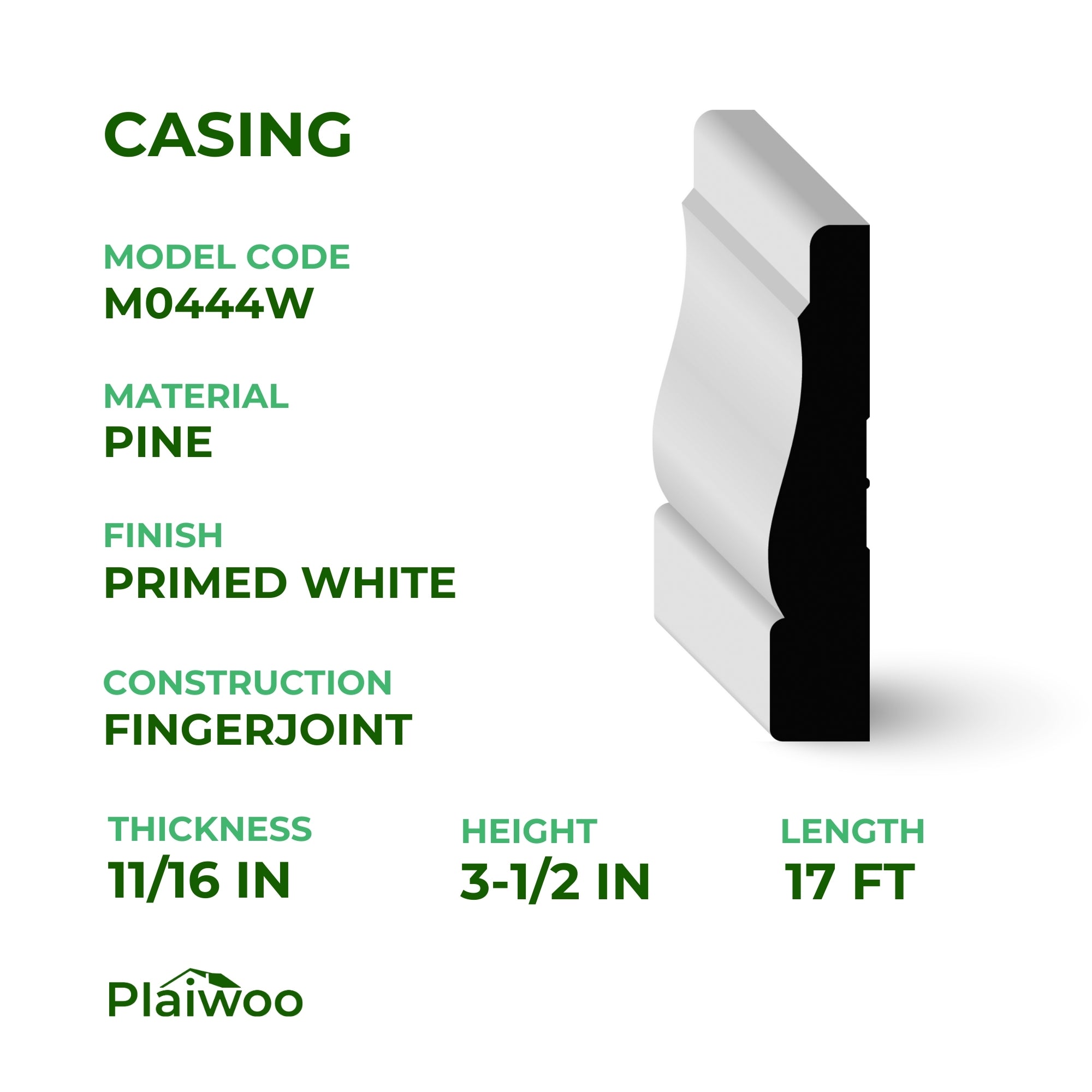 11/16 in x 3-1/2 in x 17 ft M0444W Primed White Pine Wood Casing - Moulding - high-quality decorative trim for doors, windows, and interior finishing.