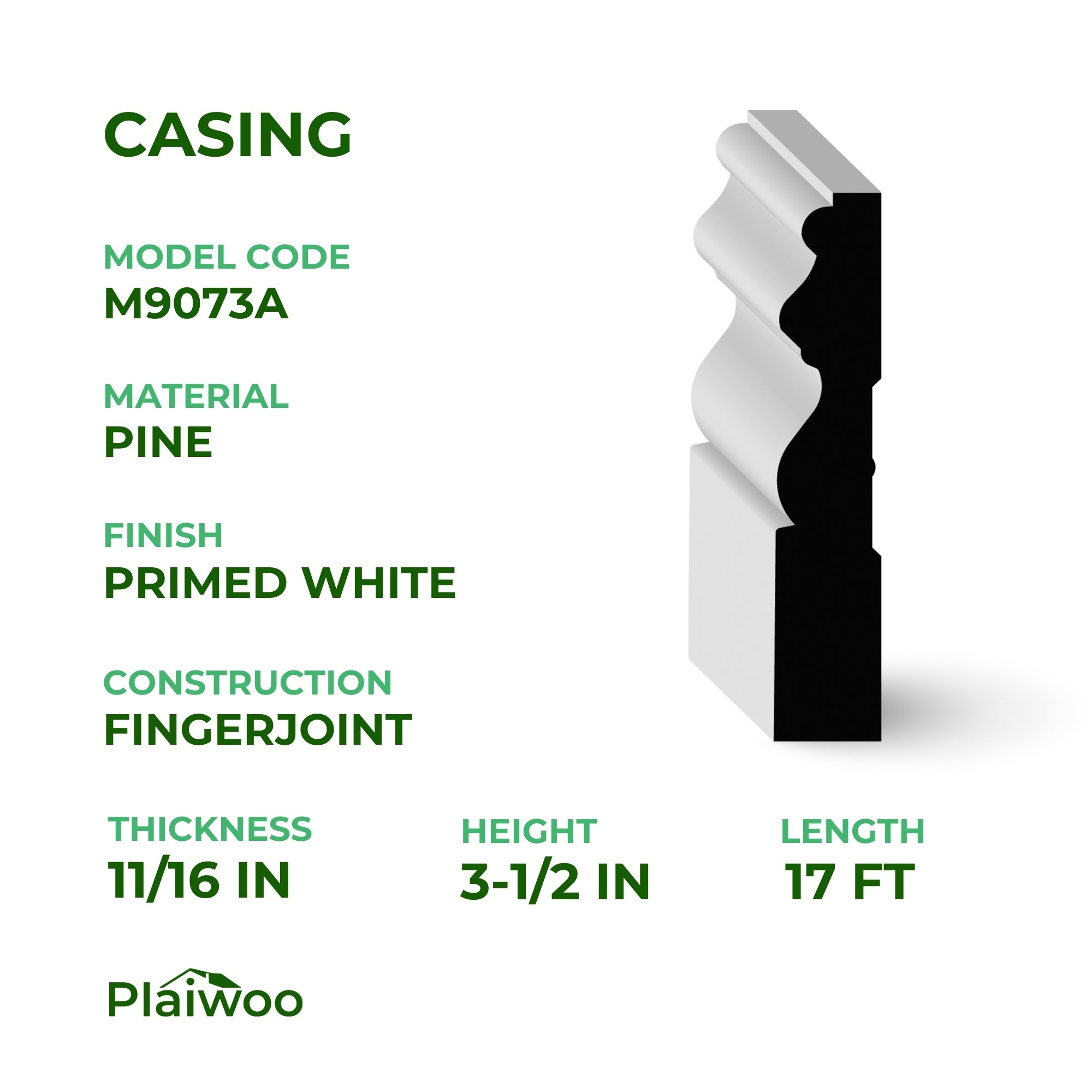 11/16 in x 3-1/2 in x 17 ft M9073A Primed White Pine Wood Casing - Moulding - high-quality decorative trim for doors, windows, and interior finishing.