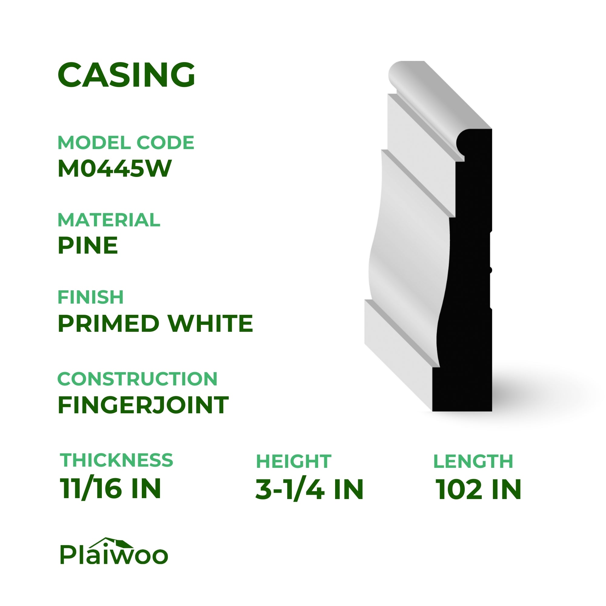 11/16 in x 3-1/4 in x 102 in M0445W Primed White Pine Wood Casing - Moulding - high-quality decorative trim for doors, windows, and interior finishing.