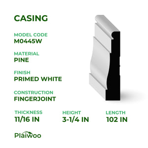 11/16 in x 3-1/4 in x 102 in M0445W Primed White Pine Wood Casing - Moulding - high-quality decorative trim for doors, windows, and interior finishing.