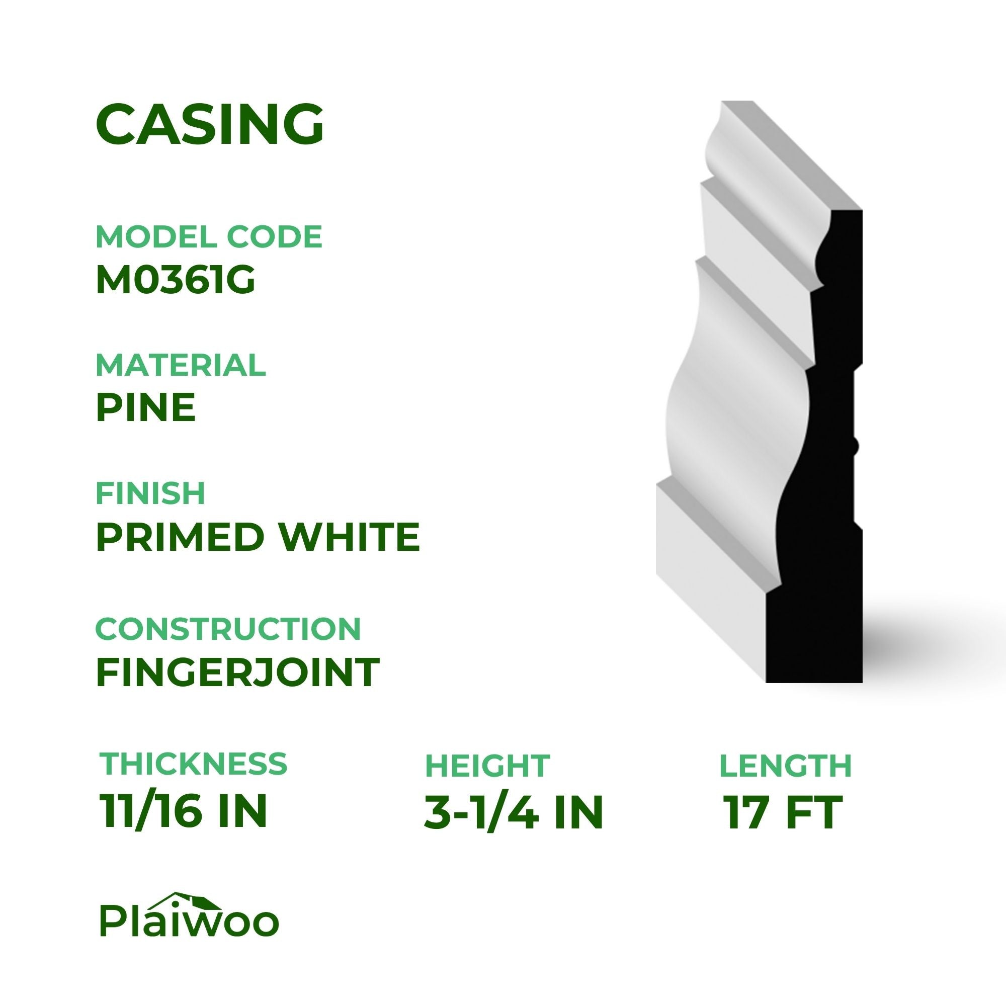 11/16 in x 3-1/4 in x 17 ft M0361G Primed White Pine Wood Casing - Moulding - high-quality decorative trim for doors, windows, and interior finishing.