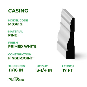 11/16 in x 3-1/4 in x 17 ft M0361G Primed White Pine Wood Casing - Moulding - high-quality decorative trim for doors, windows, and interior finishing.