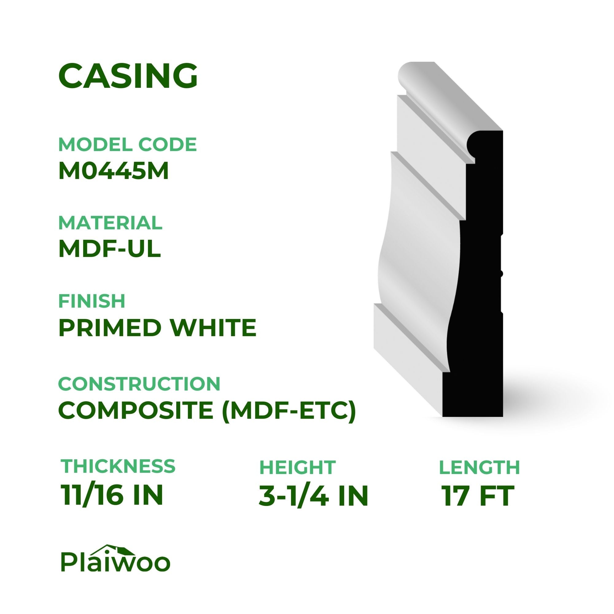 11/16 in x 3-1/4 in x 17 ft M0445M Primed White MDF-UL Casing - Moulding - high-quality decorative trim for doors, windows, and interior finishing.