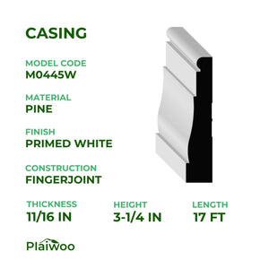 11/16 in x 3-1/4 in x 17 ft M0445W Primed White Pine Wood Casing - Moulding - high-quality decorative trim for doors, windows, and interior finishing.