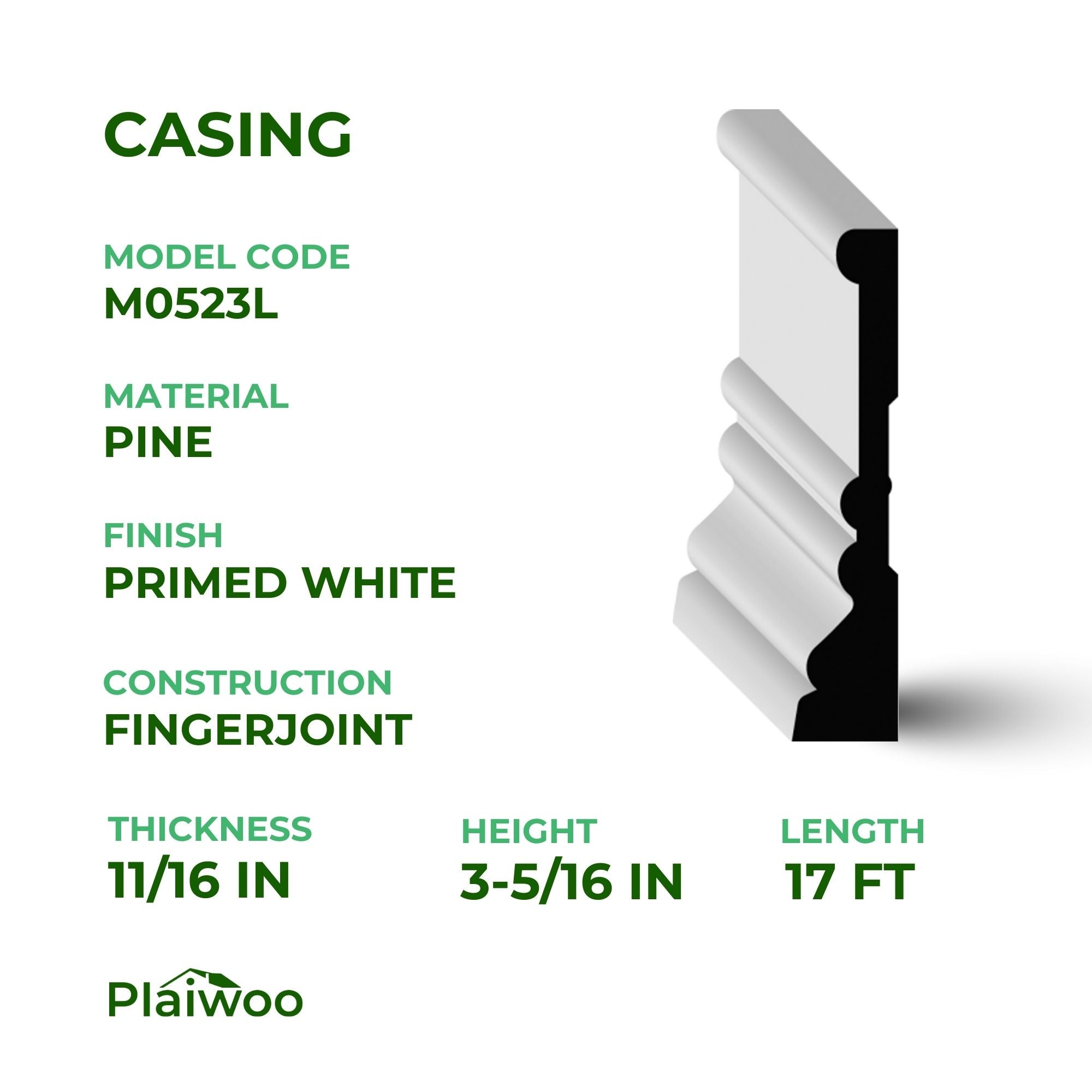 11/16 in x 3-5/16 in x 17 ft M0523L Primed White Pine Wood Casing - Moulding - high-quality decorative trim for doors, windows, and interior finishing.