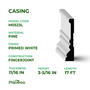 11/16 in x 3-5/16 in x 17 ft M0523L Primed White Pine Wood Casing - Moulding - high-quality decorative trim for doors, windows, and interior finishing.