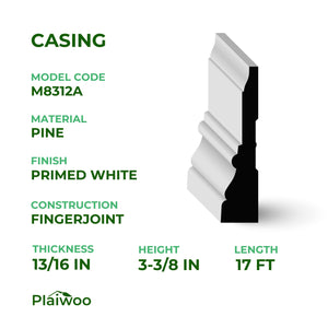 13/16 in x 3-3/8 in x 17 ft M8312A Primed White Pine Wood Casing - Moulding - high-quality decorative trim for doors, windows, and interior finishing.