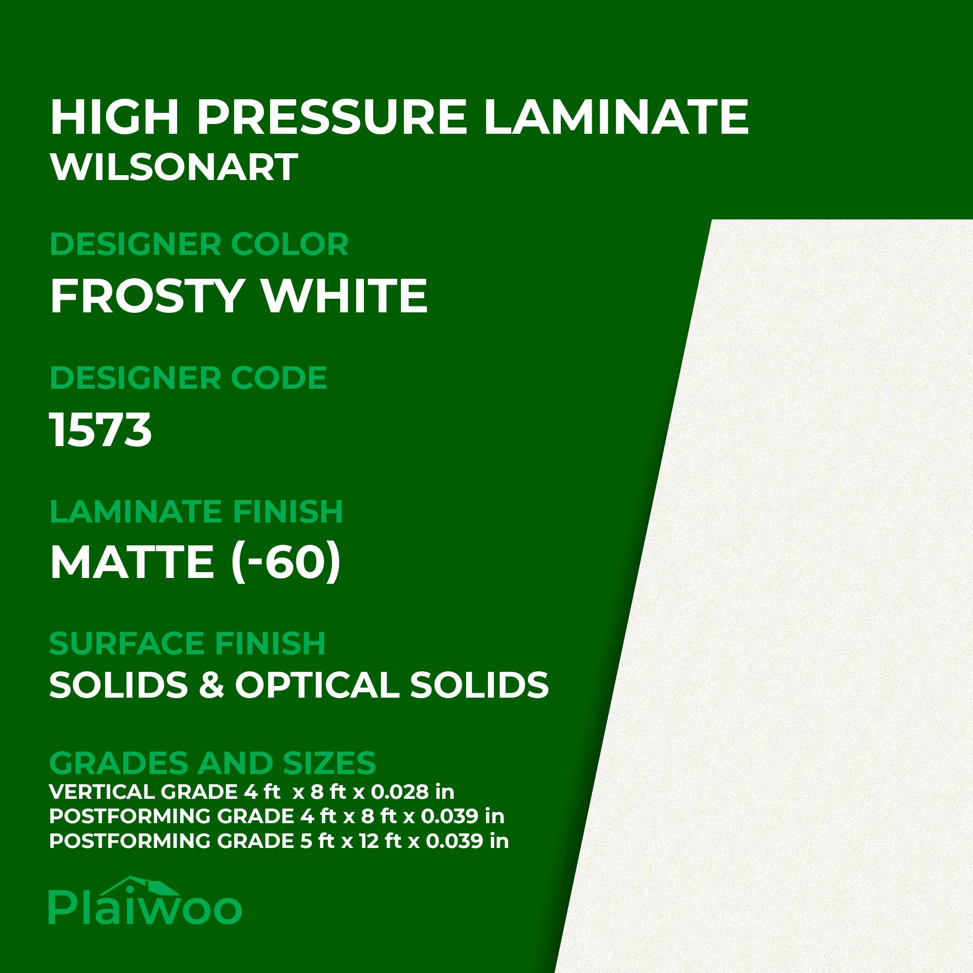 1573 Wilsonart Frosty White (-60) Matte (-60) HPL 4 ft x 8 ft Laminate Sheets Specifications - Plaiwoo