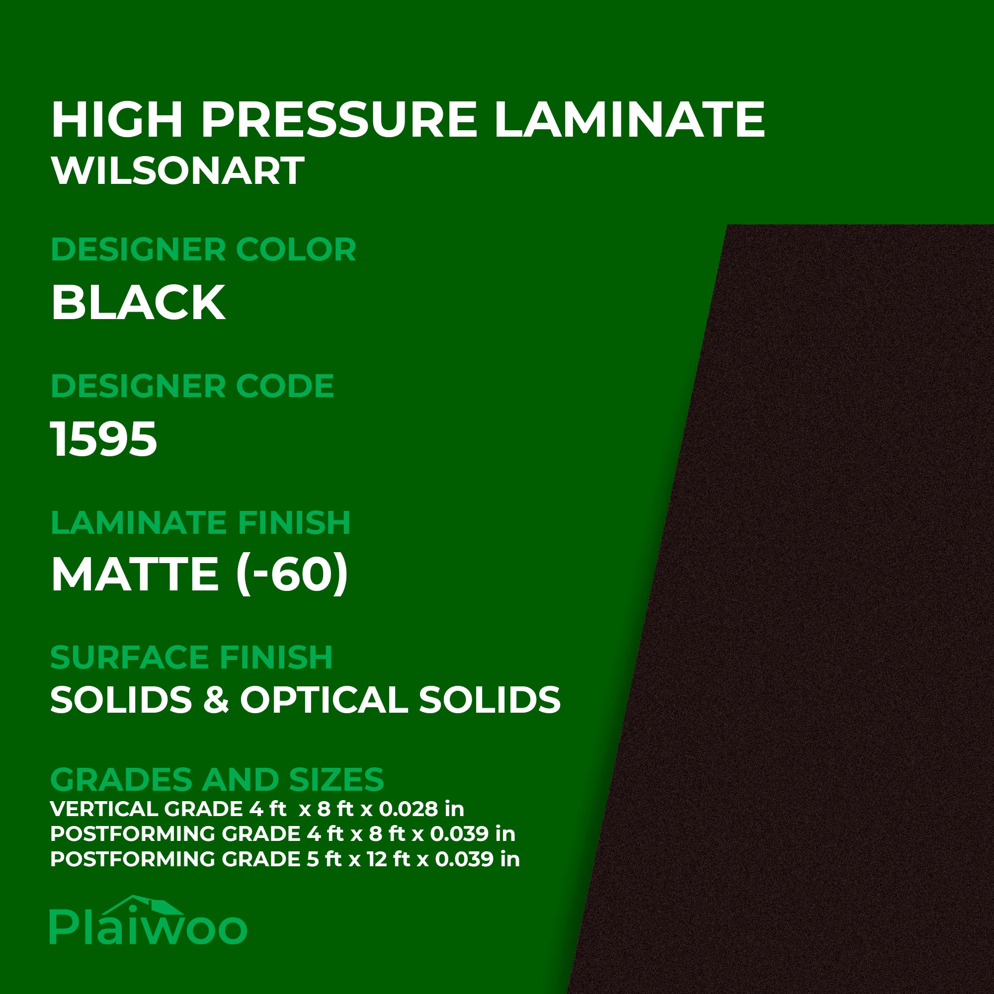 1595 Wilsonart Black (-60) Matte (-60) HPL 4 ft x 8 ft Laminate Sheets Specifications - Plaiwoo