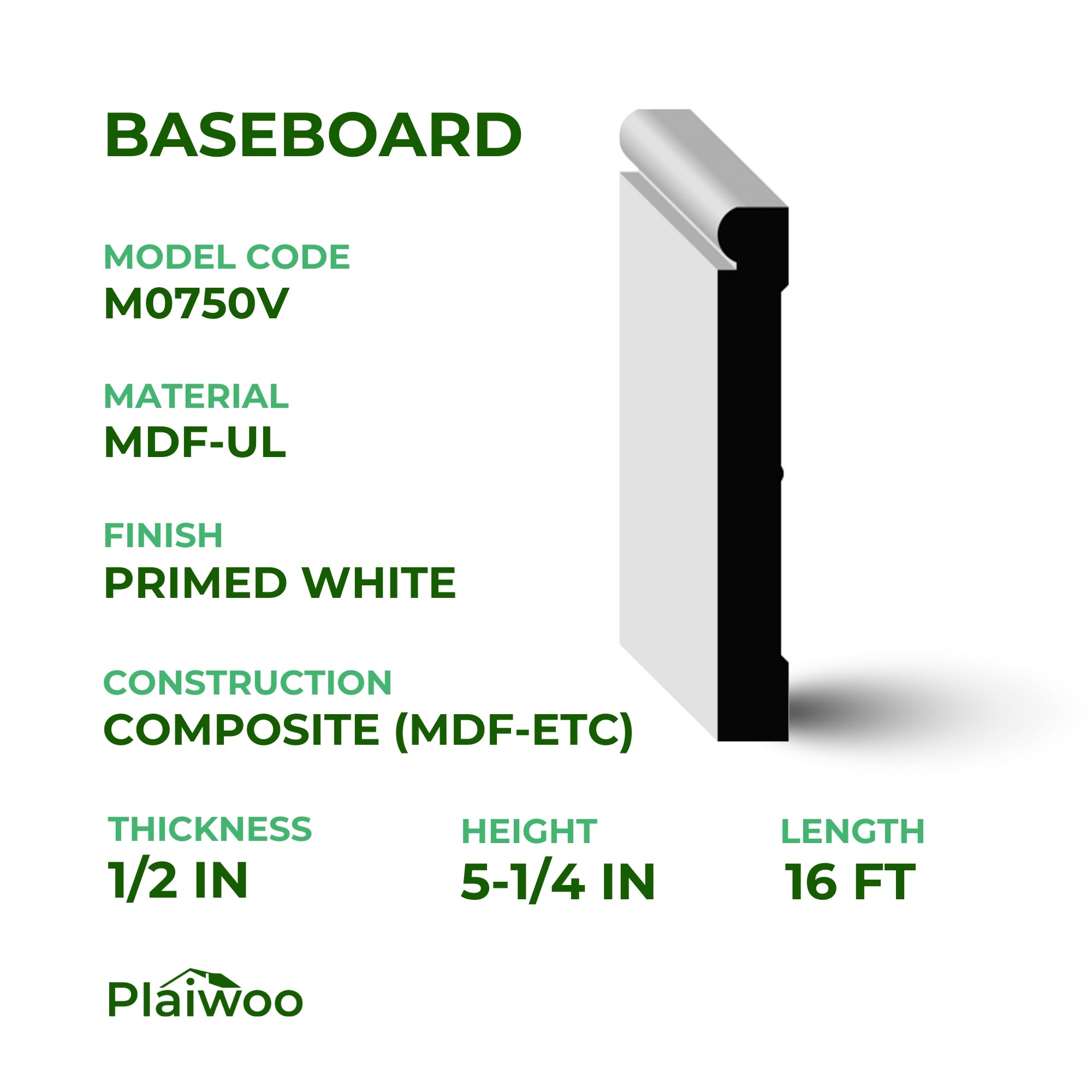 1/2 in x 5-1/4 in x 16 ft M0750V Primed White MDF-UL Baseboard -  Moulding - high-quality decorative trim for doors, windows, and interior finishing.