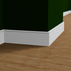 View of a room featuring the M0750V Primed White MDF-UL Baseboard Moulding installed, measuring 1/2 in x 5-1/4 in x 16 ft, highlighting an elegant and clean finish, ideal for enhancing the aesthetics of any space.