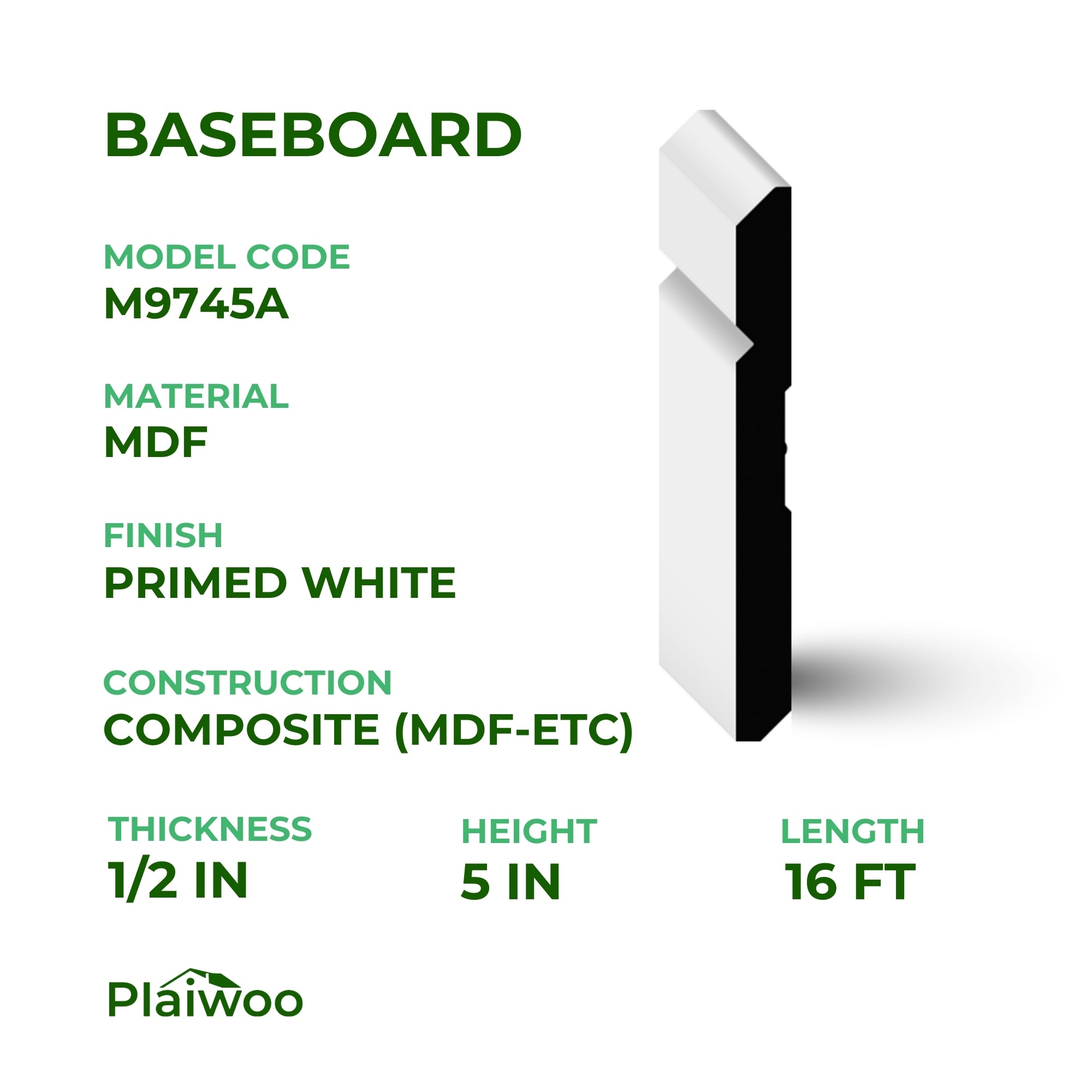 1/2 in x 5 in x 16 ft M9745A Primed White Pine Wood Baseboard -  Moulding - high-quality decorative trim for doors, windows, and interior finishing.
