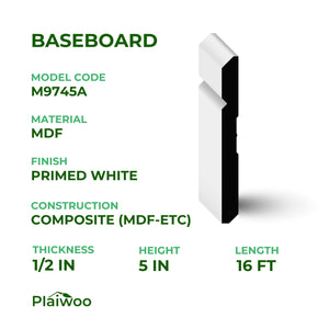 1/2 in x 5 in x 16 ft M9745A Primed White Pine Wood Baseboard - Moulding - high-quality decorative trim for doors, windows, and interior finishing.