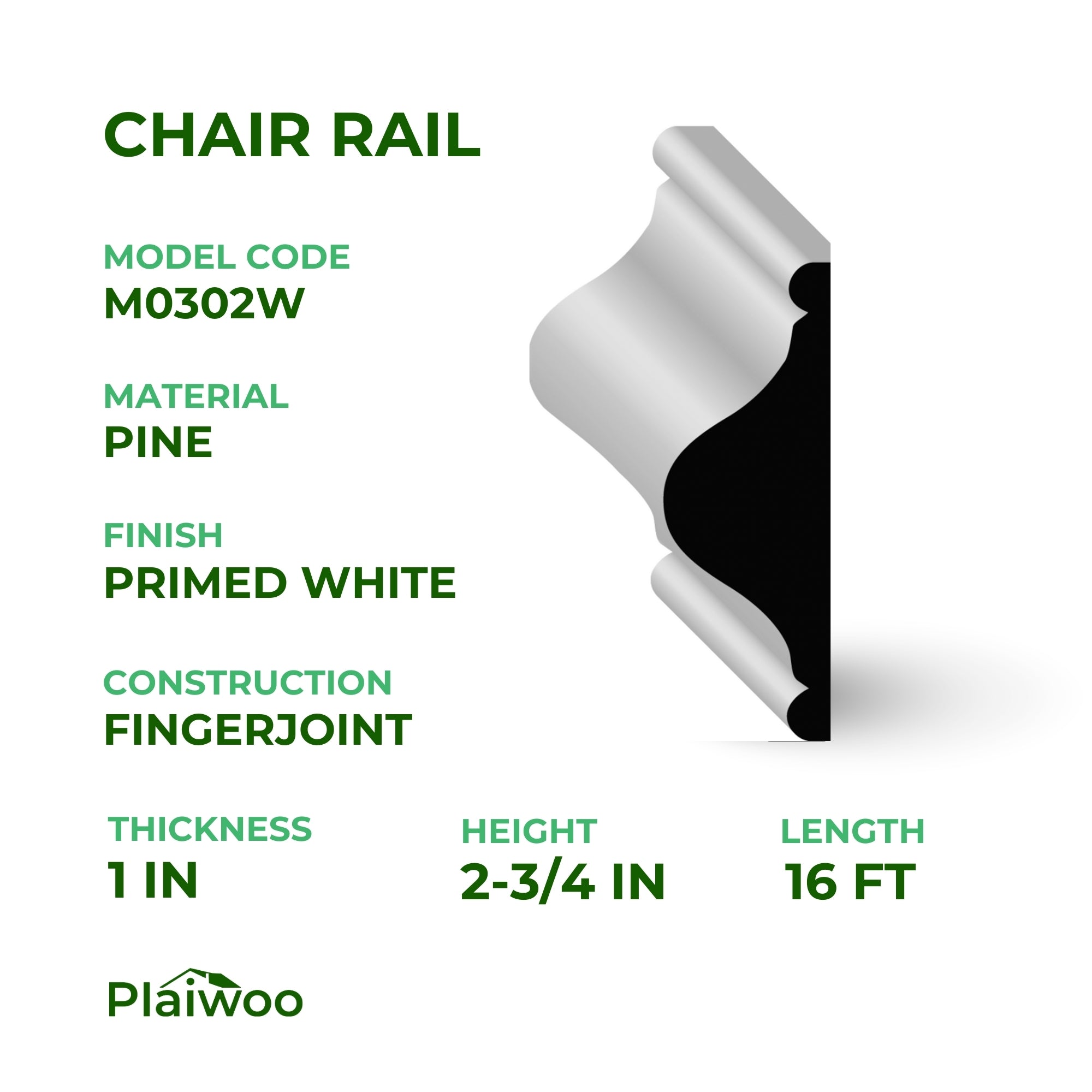 1 in x 2-3/4 in x 16 ft M0302W Primed White Pine Wood Chair Rail - Moulding - high-quality decorative trim for doors, windows, and interior finishing.