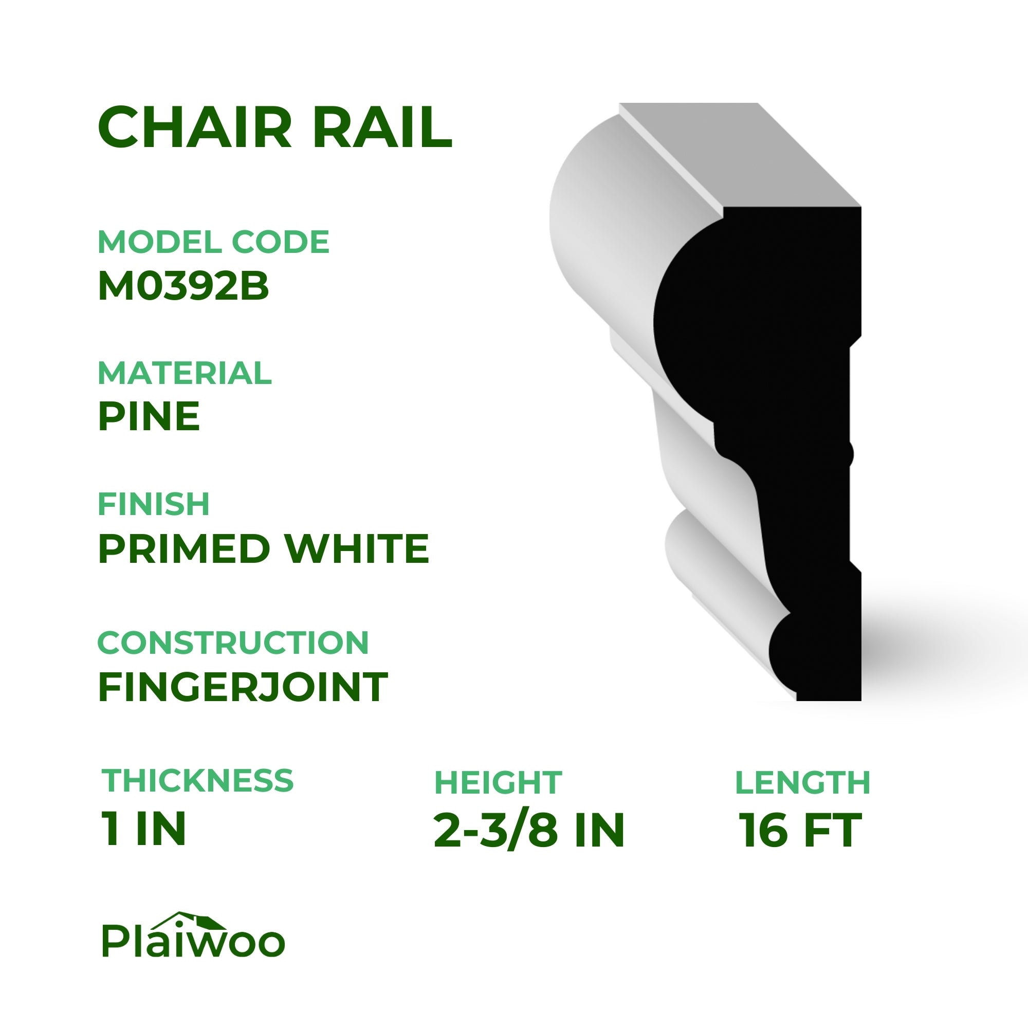 1 in x 2-3/8 in x 16 ft M0392B Primed White Pine Wood Chair Rail - Moulding - high-quality decorative trim for doors, windows, and interior finishing.