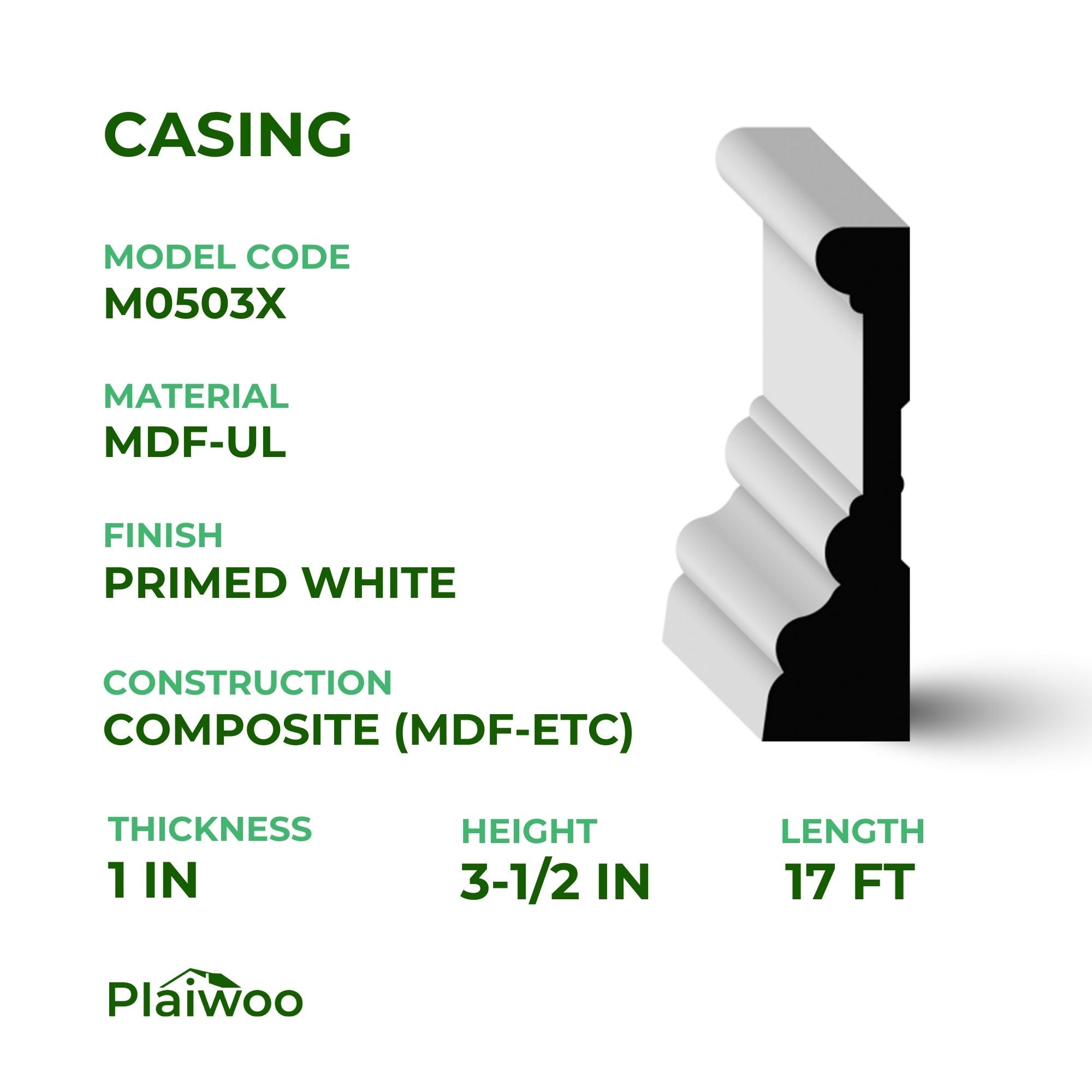 1 in x 3-1/2 in x 17 ft M0503X Primed White MDF-UL Casing - Moulding - high-quality decorative trim for doors, windows, and interior finishing.