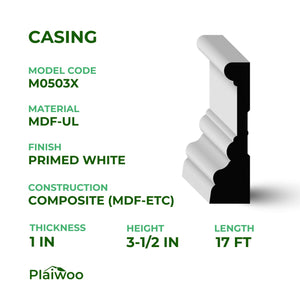 1 in x 3-1/2 in x 17 ft M0503X Primed White MDF-UL Casing - Moulding - high-quality decorative trim for doors, windows, and interior finishing.
