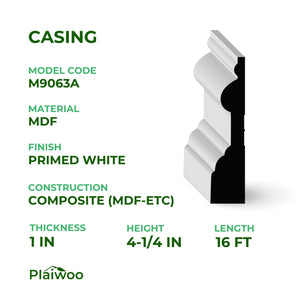 1 in x 4-1/4 in x 16 ft M9063A Primed White MDF Casing - Moulding - high-quality decorative trim for doors, windows, and interior finishing.