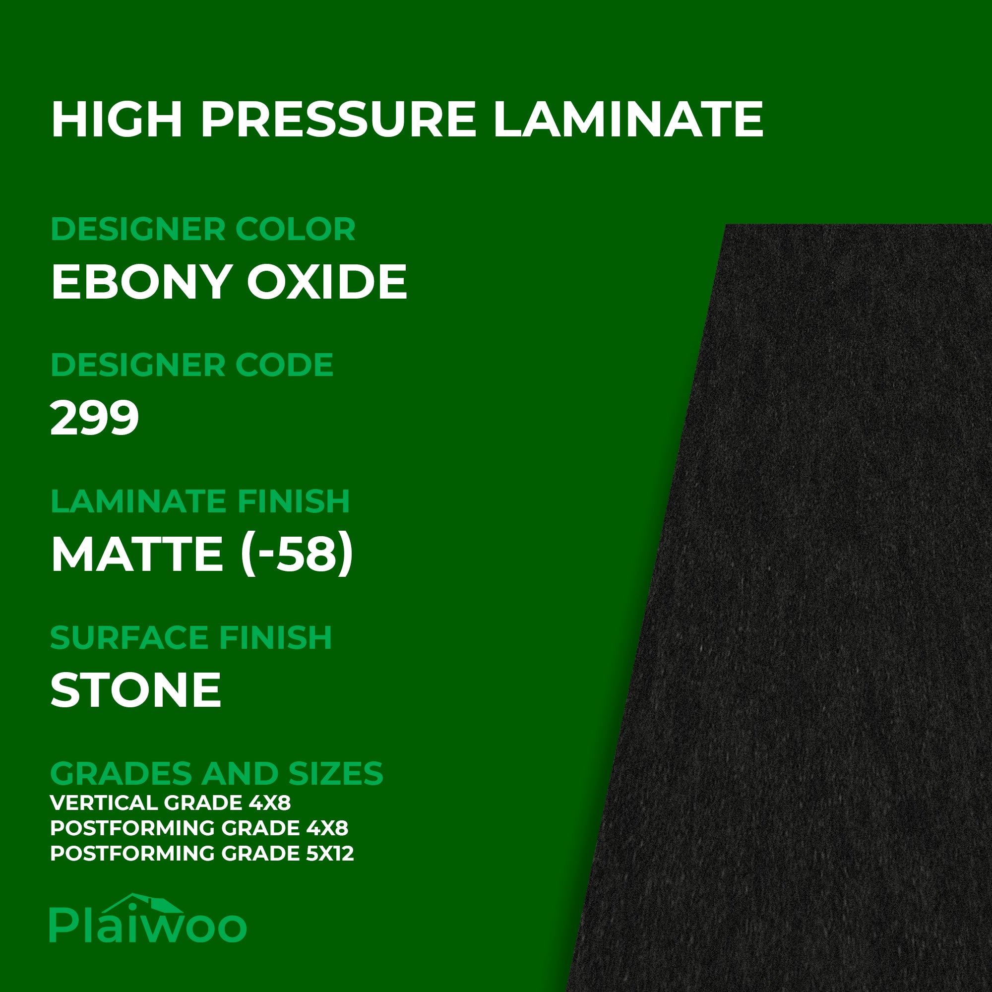 Formica Ebony Oxide 299 Matte HPL 4 ft x 8 ft Laminate Sheets Specifications - Plaiwoo