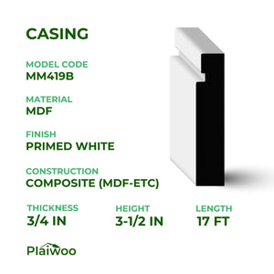 3/4 in x 3-1/2 in x 17 ft MM419B Primed White MDF Casing - Moulding - high-quality decorative trim for doors, windows, and interior finishing.