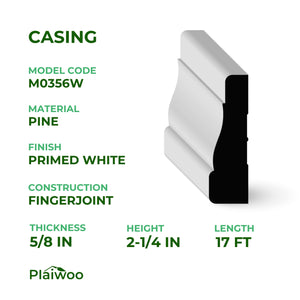 5/8 in x 2-1/4 in x 17 ft M0356W Primed White Pine Wood Casing - Moulding - high-quality decorative trim for doors, windows, and interior finishing.