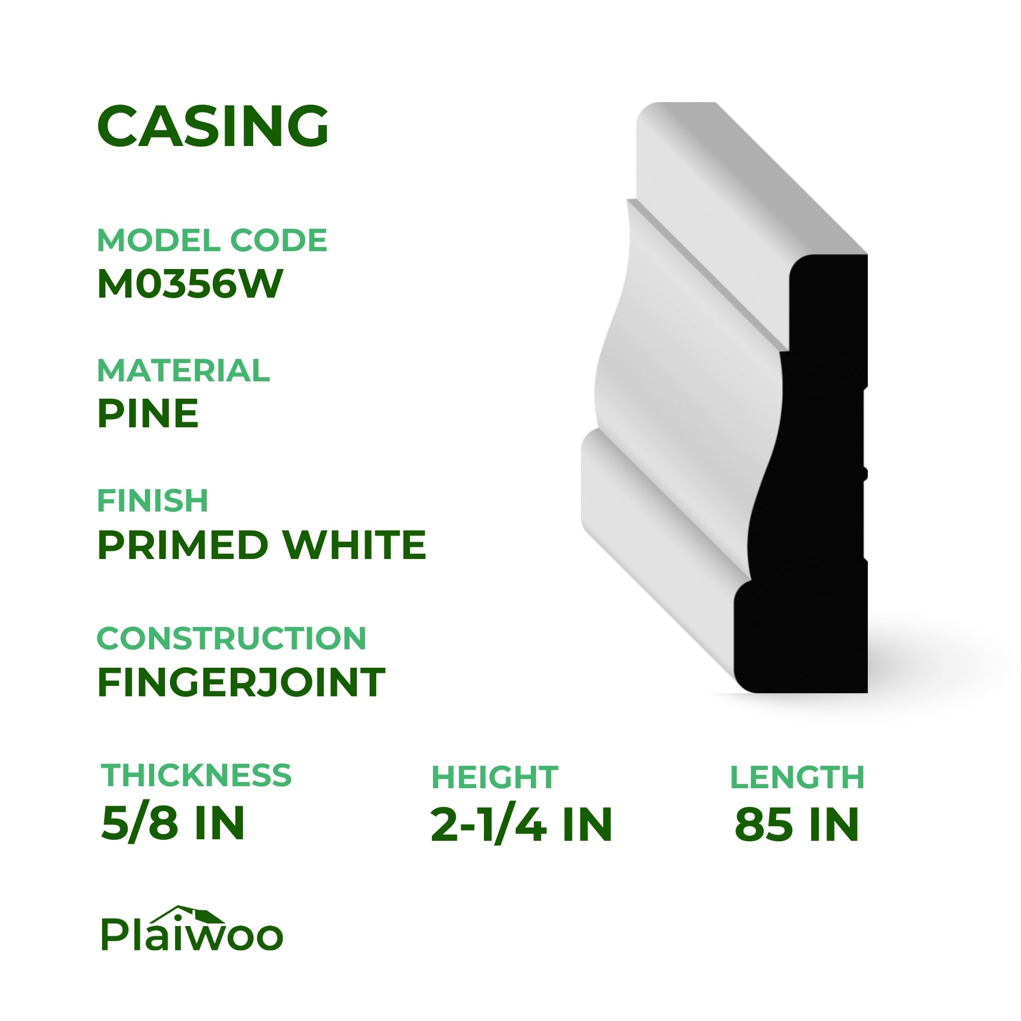 5/8 in x 2-1/4 in x 85 in M0356W Primed White Pine Wood Casing - Moulding - high-quality decorative trim for doors, windows, and interior finishing.