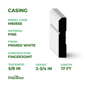 5/8 in x 2-3/4 in x 17 ft M8065E Primed White Pine Wood Casing - Moulding - high-quality decorative trim for doors, windows, and interior finishing.