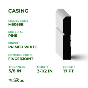 5/8 in x 3-1/2 in x 17 ft M8068B Primed White Pine Wood Casing - Moulding - high-quality decorative trim for doors, windows, and interior finishing.