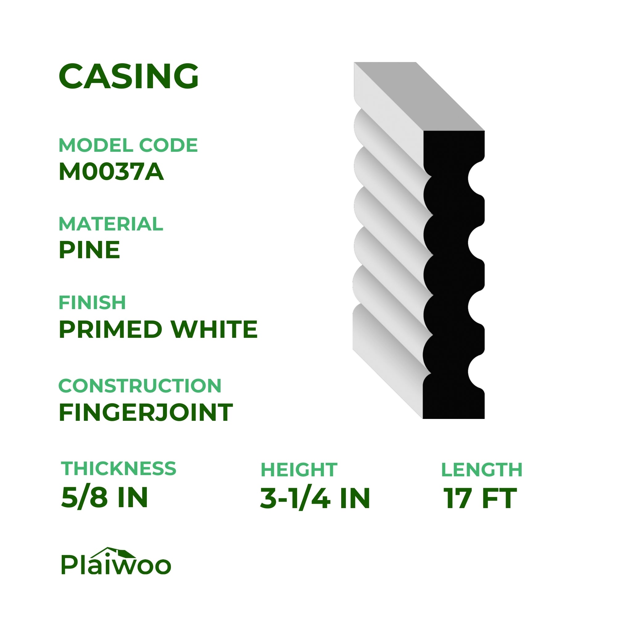 5/8 in x 3-1/4 in x 17 ft M0037A Primed White Pine Wood Casing - Moulding - high-quality decorative trim for doors, windows, and interior finishing.