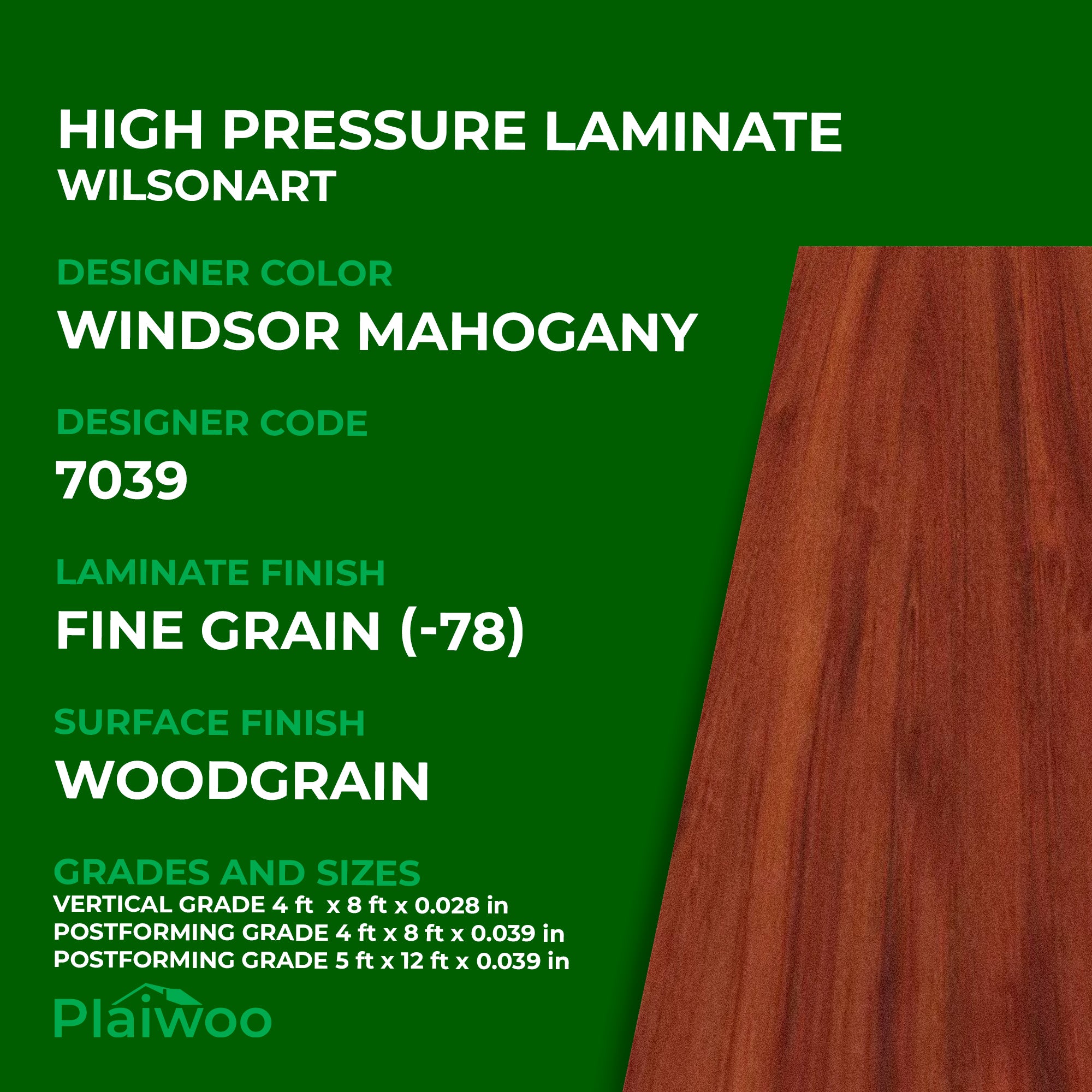 7039 Wilsonart Windsor Mahogany (-78) Fine Grain (-78) HPL 4 ft x 8 ft Laminate Sheets Specifications - Plaiwoo