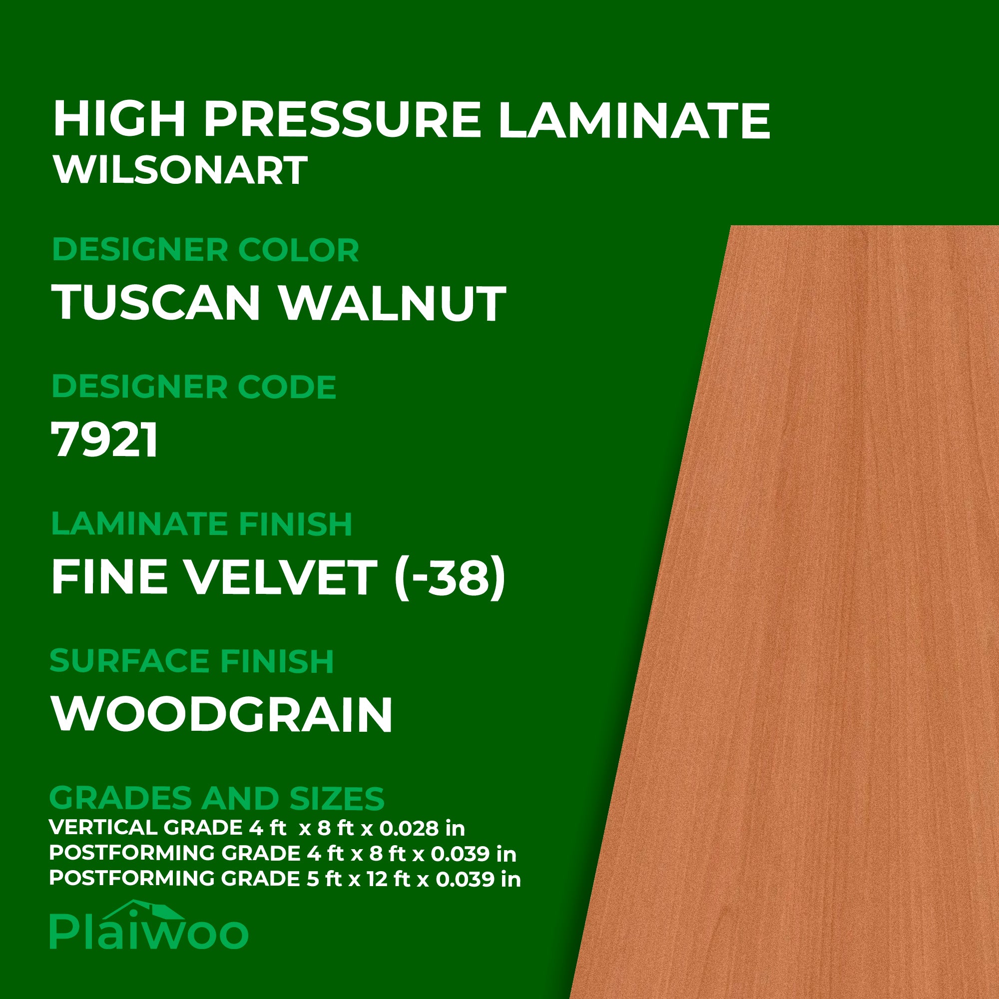 7921 Wilsonart Tuscan Walnut (-38) Fine Velvet (-38) HPL 4 ft x 8 ft Laminate Sheets Specifications - Plaiwoo